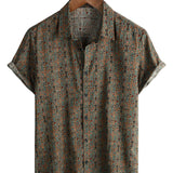 Men's Vintage Cotton Shirt with 70s Paisley Pattern and Brown Buttons in Boho Retro Tribal Style, Short Sleeve