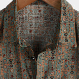 Men's Vintage Cotton Shirt with 70s Paisley Pattern and Brown Buttons in Boho Retro Tribal Style, Short Sleeve