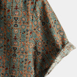 Men's Vintage Cotton Shirt with 70s Paisley Pattern and Brown Buttons in Boho Retro Tribal Style, Short Sleeve