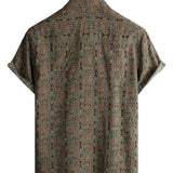 Men's Vintage Cotton Shirt with 70s Paisley Pattern and Brown Buttons in Boho Retro Tribal Style, Short Sleeve