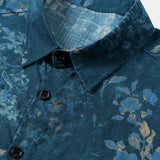 Casual Short Sleeve Cotton Shirt with Watercolor Floral Pattern in Blue for Men