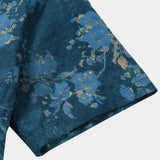 Casual Short Sleeve Cotton Shirt with Watercolor Floral Pattern in Blue for Men