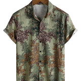 Men's Casual Short Sleeve Vintage Style Shirt in Green with Woodland Pattern