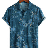 Casual Short Sleeve Cotton Shirt with Watercolor Floral Pattern in Blue for Men