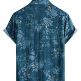 Casual Short Sleeve Cotton Shirt with Watercolor Floral Pattern in Blue for Men