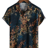 Casual Short Sleeve Cotton Shirt with Abstract Floral Pattern in Navy Color for Men
