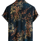 Casual Short Sleeve Cotton Shirt with Abstract Floral Pattern in Navy Color for Men