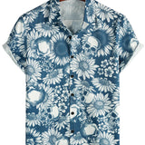 Hawaiian Cotton Shirt with Skull Shaped Sunflower Buttons for Men, Short Sleeve, Blue, Rock and Roll