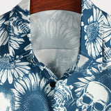 Hawaiian Cotton Shirt with Skull Shaped Sunflower Buttons for Men, Short Sleeve, Blue, Rock and Roll