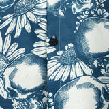 Hawaiian Cotton Shirt with Skull Shaped Sunflower Buttons for Men, Short Sleeve, Blue, Rock and Roll