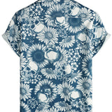 Hawaiian Cotton Shirt with Skull Shaped Sunflower Buttons for Men, Short Sleeve, Blue, Rock and Roll
