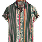 Green Short Sleeve Cotton Shirt with Elephant Stripe Pattern for Men