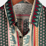Green Short Sleeve Cotton Shirt with Elephant Stripe Pattern for Men