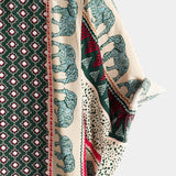 Green Short Sleeve Cotton Shirt with Elephant Stripe Pattern for Men