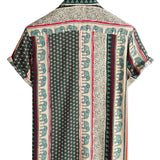 Green Short Sleeve Cotton Shirt with Elephant Stripe Pattern for Men