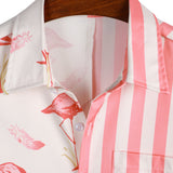Short Sleeve Cotton Shirt with Pink Flamingo Pattern and Stripes for Men