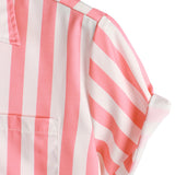 Short Sleeve Cotton Shirt with Pink Flamingo Pattern and Stripes for Men