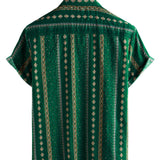 Vintage 70s Short Sleeve Cotton Shirt with Green Stripes for Men