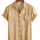 Men's Short Sleeve Cotton Shirt with Pocket in Black Stripes, Breathable