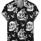 Black Hawaiian Shirt with Short Sleeves for Men Featuring Skull, Hummingbird, and Punk Rock Style