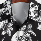 Black Hawaiian Shirt with Short Sleeves for Men Featuring Skull, Hummingbird, and Punk Rock Style