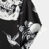 Black Hawaiian Shirt with Short Sleeves for Men Featuring Skull, Hummingbird, and Punk Rock Style