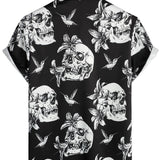 Black Hawaiian Shirt with Short Sleeves for Men Featuring Skull, Hummingbird, and Punk Rock Style