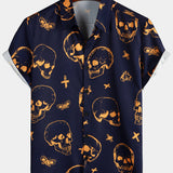 Aloha Shirt Made of Cotton with Short Sleeves, Buttons, and Orange Skull Pattern for Men