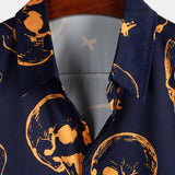 Aloha Shirt Made of Cotton with Short Sleeves, Buttons, and Orange Skull Pattern for Men
