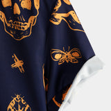 Aloha Shirt Made of Cotton with Short Sleeves, Buttons, and Orange Skull Pattern for Men