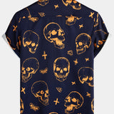 Aloha Shirt Made of Cotton with Short Sleeves, Buttons, and Orange Skull Pattern for Men