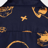 Aloha Shirt Made of Cotton with Short Sleeves, Buttons, and Orange Skull Pattern for Men