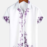 Cotton Summer Short Sleeve Button-Up Shirt with Hawaiian Flowers for Men