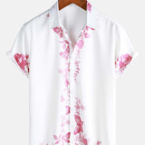 Cotton Summer Short Sleeve Button-Up Shirt with Hawaiian Flowers for Men