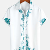 Cotton Summer Short Sleeve Button-Up Shirt with Hawaiian Flowers for Men