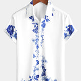 Cotton Summer Short Sleeve Button-Up Shirt with Hawaiian Flowers for Men