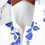 Cotton Summer Short Sleeve Button-Up Shirt with Hawaiian Flowers for Men