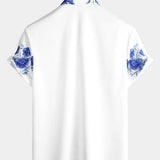 Cotton Summer Short Sleeve Button-Up Shirt with Hawaiian Flowers for Men