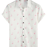 Men's Short Sleeve Cotton Shirt with Pink Flamingo Pattern