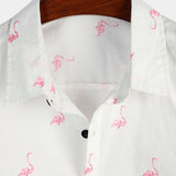 Casual Cotton Hawaiian Short Sleeve Shirt with Tropical Flamingo Buttons for Men