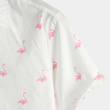 Men's Short Sleeve Cotton Shirt with Pink Flamingo Pattern