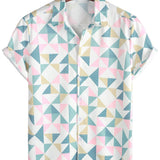 Cotton Summer Short Sleeve Shirt with Geometric Triangle Pattern for Men