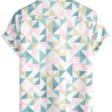 Cotton Summer Short Sleeve Shirt with Geometric Triangle Pattern for Men