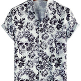 Short Sleeve Skull Flower Pattern Cotton Shirt in Punk Rock Style for Men