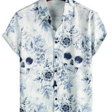 Casual Short Sleeve Cotton Shirt with Button and Skull Pattern for Men