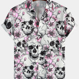 Men's Short Sleeve Cotton Shirts with Skulls and Pink Flowers