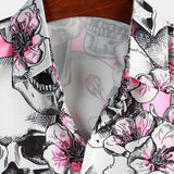 Men's Short Sleeve Cotton Shirts with Skulls and Pink Flowers