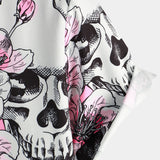 Men's Short Sleeve Cotton Shirts with Skulls and Pink Flowers