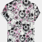 Men's Short Sleeve Cotton Shirts with Skulls and Pink Flowers