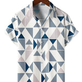 Men's Casual Cotton Shirt with Geometric Print in Blue and White Triangle, Short Sleeve for Summer